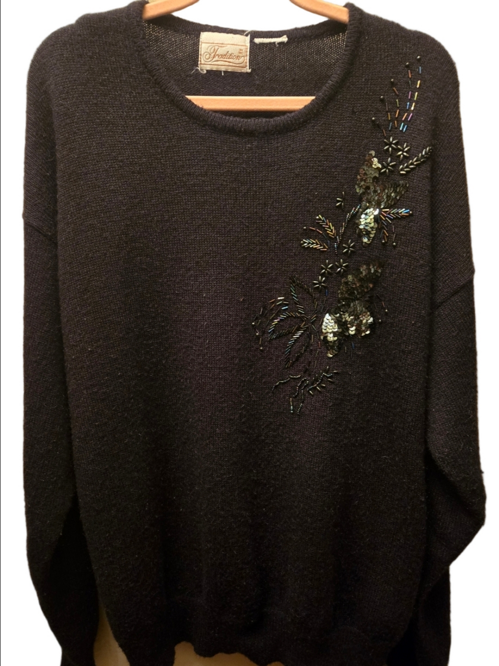 Vintage Beaded Butterfly Sweater Black Sequin Embellished Oversized 90s